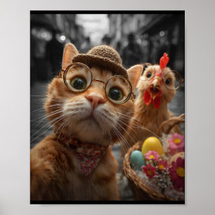 Katze und Huhn Selfie Lustige Vintage-Osterhasen  Poster
