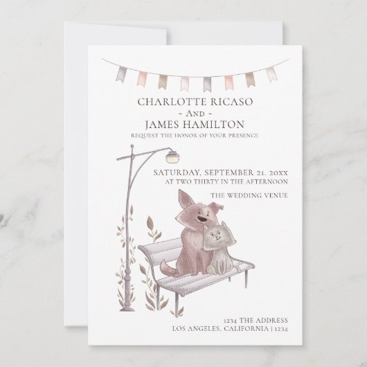 Katze und Hund auf einem Tier der Bank Hochzeit Ankündigung (Vorderseite)