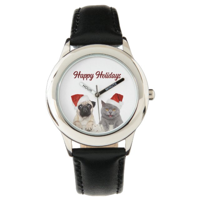Katze und Hund frohe Weihnachten glückliche Weihna Armbanduhr (Vorderseite)