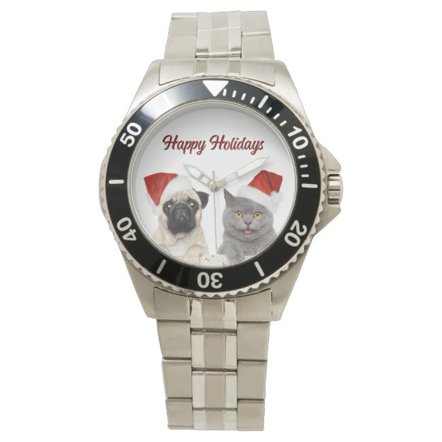 Katze und Hund frohe Weihnachten glücklichen Urlau Armbanduhr (Vorderseite)