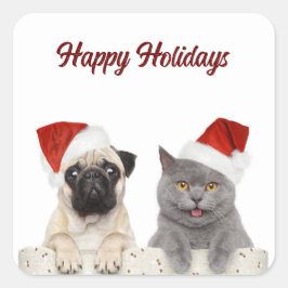 Katze und Hund frohe Weihnachten glücklichen Urlau Quadratischer Aufkleber