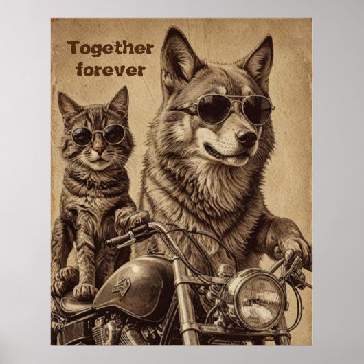 Katze und Hund für immer zusammen Biker Poster (Vorne)