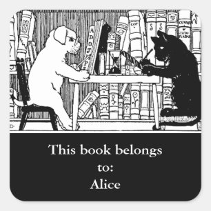Katze und Hund im Bibliotheks-Exlibris Quadratischer Aufkleber