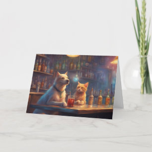 Katze und Hund in einer Bar, die Geburtstagsangele Karte