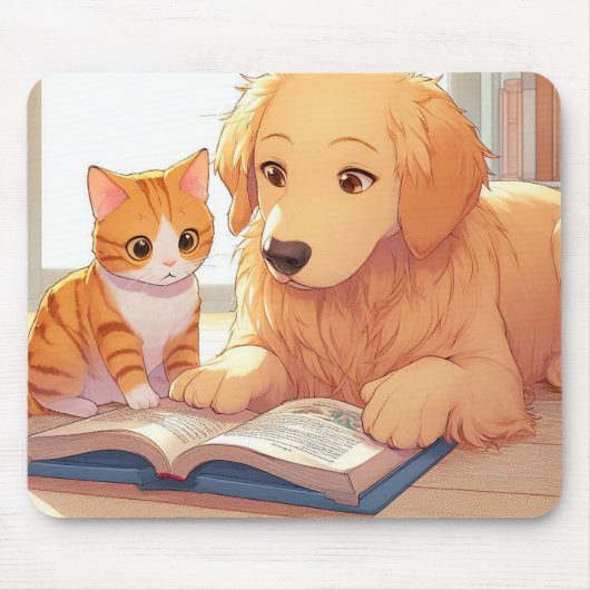 Katze und Hund lesen ein Buch Mousepad (Vorne)