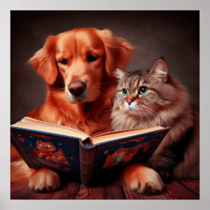 Katze und Hund lesen ein Buch Poster
