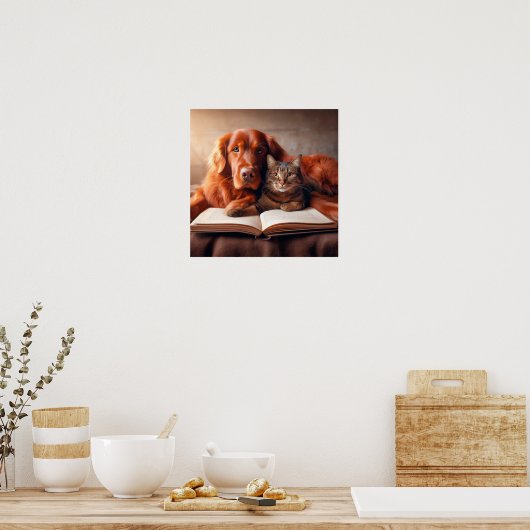 Katze und Hund lesen ein Buch Poster (Küche)