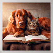 Katze und Hund lesen ein Buch Poster (Vorne)