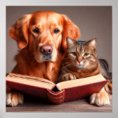 Katze und Hund lesen ein Buch Poster (Vorne)