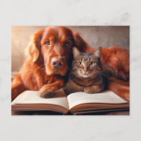 Katze und Hund lesen ein Buch