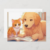 Katze und Hund lesen ein Buch Postkarte (Vorne/Hinten)