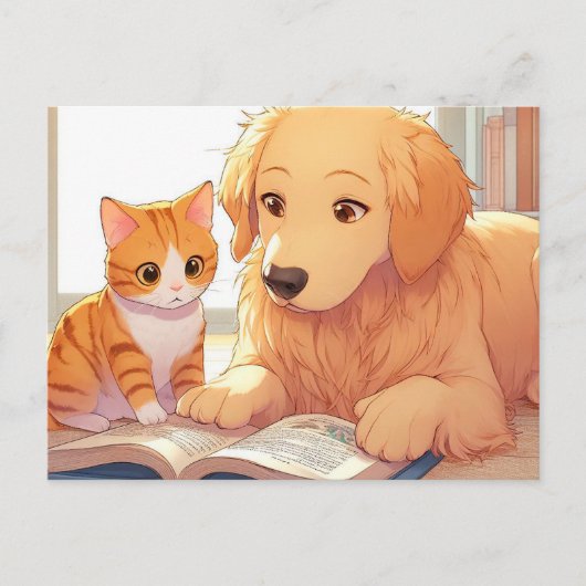 Katze und Hund lesen ein Buch Postkarte (Vorderseite)