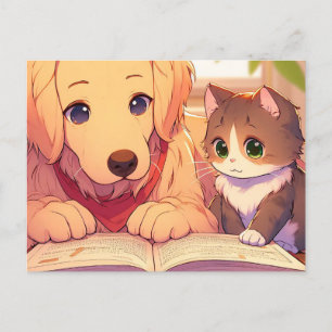 Katze und Hund lesen ein Buch Postkarte