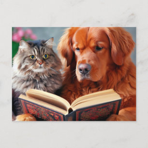 Katze und Hund lesen ein Buch Postkarte