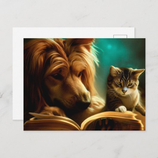 Katze und Hund lesen ein Buch Postkarte (Vorne/Hinten)