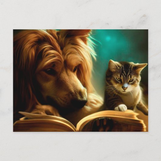 Katze und Hund lesen ein Buch Postkarte (Vorderseite)