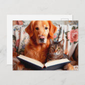 Katze und Hund lesen ein Buch Postkarte (Vorne/Hinten)