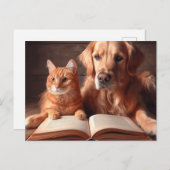Katze und Hund lesen ein Buch Postkarte (Vorne/Hinten)