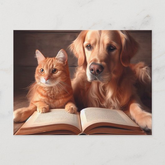 Katze und Hund lesen ein Buch Postkarte (Vorderseite)