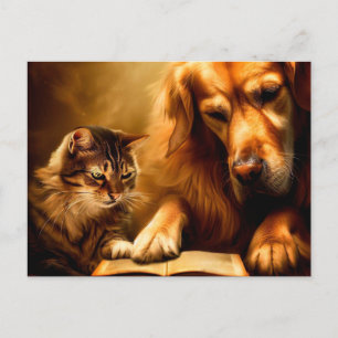 Katze und Hund lesen ein Buch Postkarte