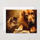 Katze und Hund lesen ein Buch Postkarte (Vorne/Hinten)