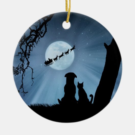 Katze und Hund mit Santa und Schlitten Keramik Ornament (Vorne)