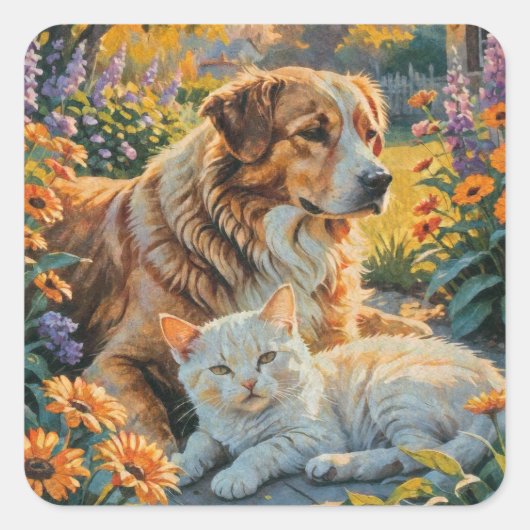 Katze und Hund Quadratischer Aufkleber (Vorderseite)