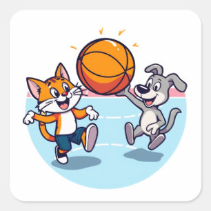 Katze und Hund spielen Basketball Quadratischer Aufkleber