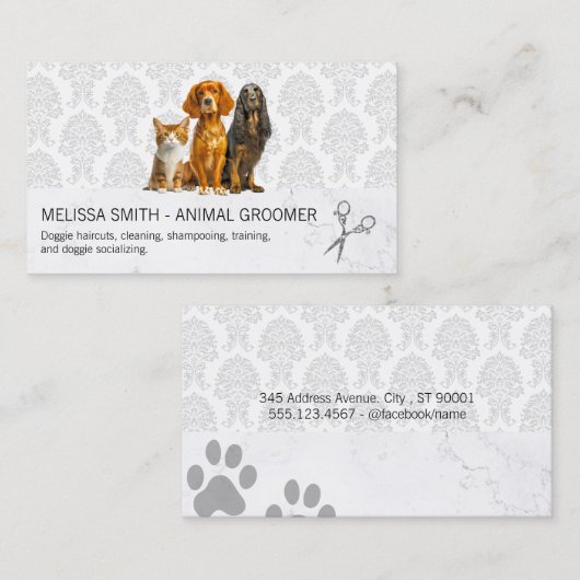 Katze und Hunde | Damask Muster Visitenkarte (Vorne/Hinten)