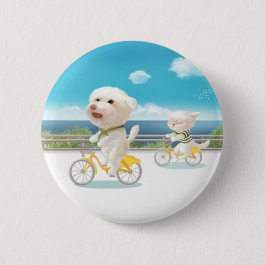 Katze und Hunde reiten Fahrrad Button (Vorderseite)