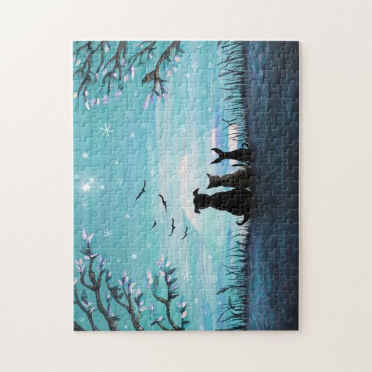 Katze und Hunde Winterabend Puzzle (Vertikal)