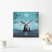 Katze und Hunde Winterabend Quadratische Wanduhr (Zuhause)