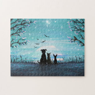 Katze und Hunde Wintersonnenuntergang Puzzle