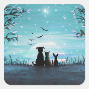 Katze und Hundwinter-Sonnenuntergang Quadratischer Aufkleber