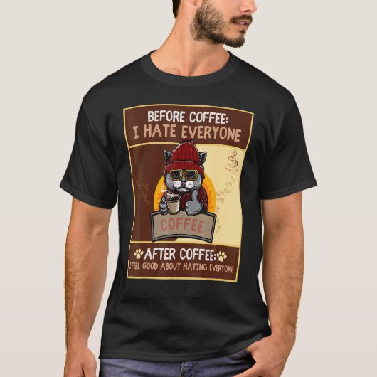 Katze und Kaffee-Geschichte T-Shirt (Vorderseite)