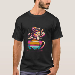 Katze und Kaffee Sonnenuntergang Abenteuer Vektor T-Shirt
