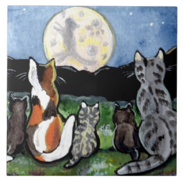 Katze und Kätzchen schauen Mond 6" Tile Trivet Fliese