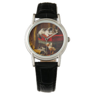 Katze und Kätzchen spielen mit Stuhl Armbanduhr