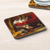 Katze und Kätzchen spielen mit Stuhl Getränkeuntersetzer (Linke Seite)