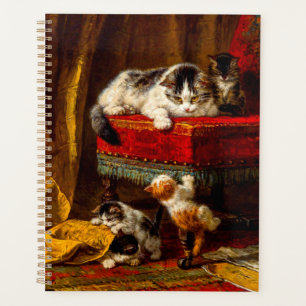 Katze und Kätzchen spielen mit Stuhl Planer