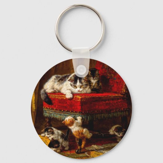 Katze und Kätzchen spielen mit Stuhl Schlüsselanhänger (Vorderseite)