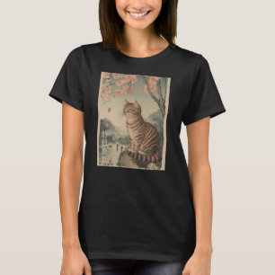 Katze und Kirschblütenbaum Japanische Holzschnittk T-Shirt