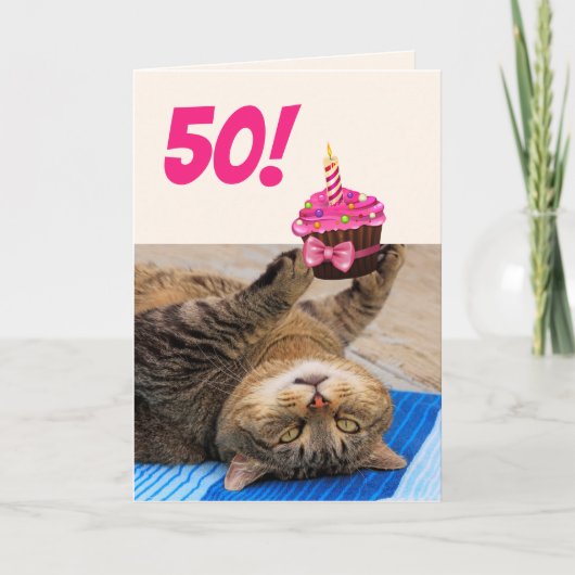 Katze und Kuchen 50. Geburtstag Karte (Vorderseite)