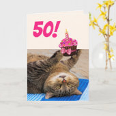 Katze und Kuchen 50. Geburtstag Karte (Gelbe Blume)