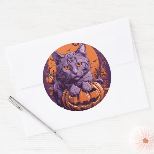 Katze und Kürbis Runder Aufkleber (Umschlag)