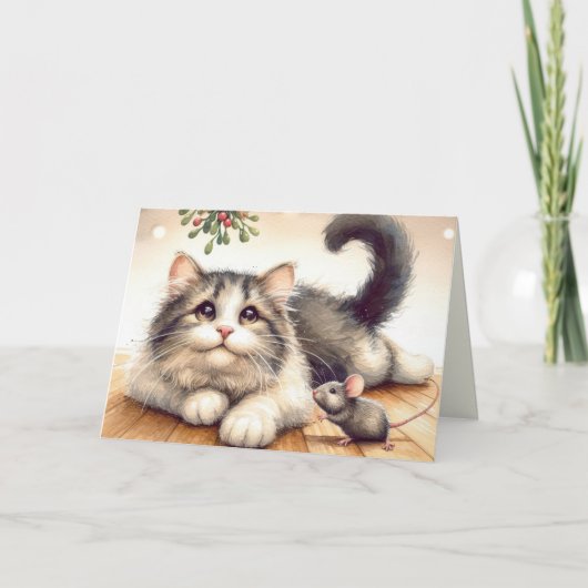 Katze und Maus mit Mistletoe Feiertagskarte (Vorderseite)