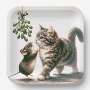 Katze und Maus mit Mistletoe Pappteller