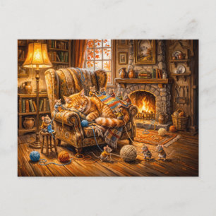 Katze und Mäuse gemütliche Strickszene Postkarte