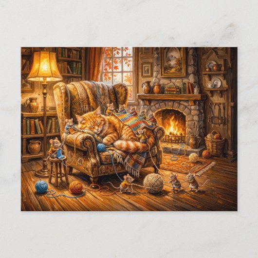 Katze und Mäuse gemütliche Strickszene Postkarte (Vorderseite)