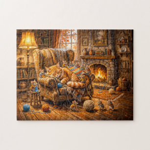 Katze und Mäuse gemütliche Strickszene Puzzle
